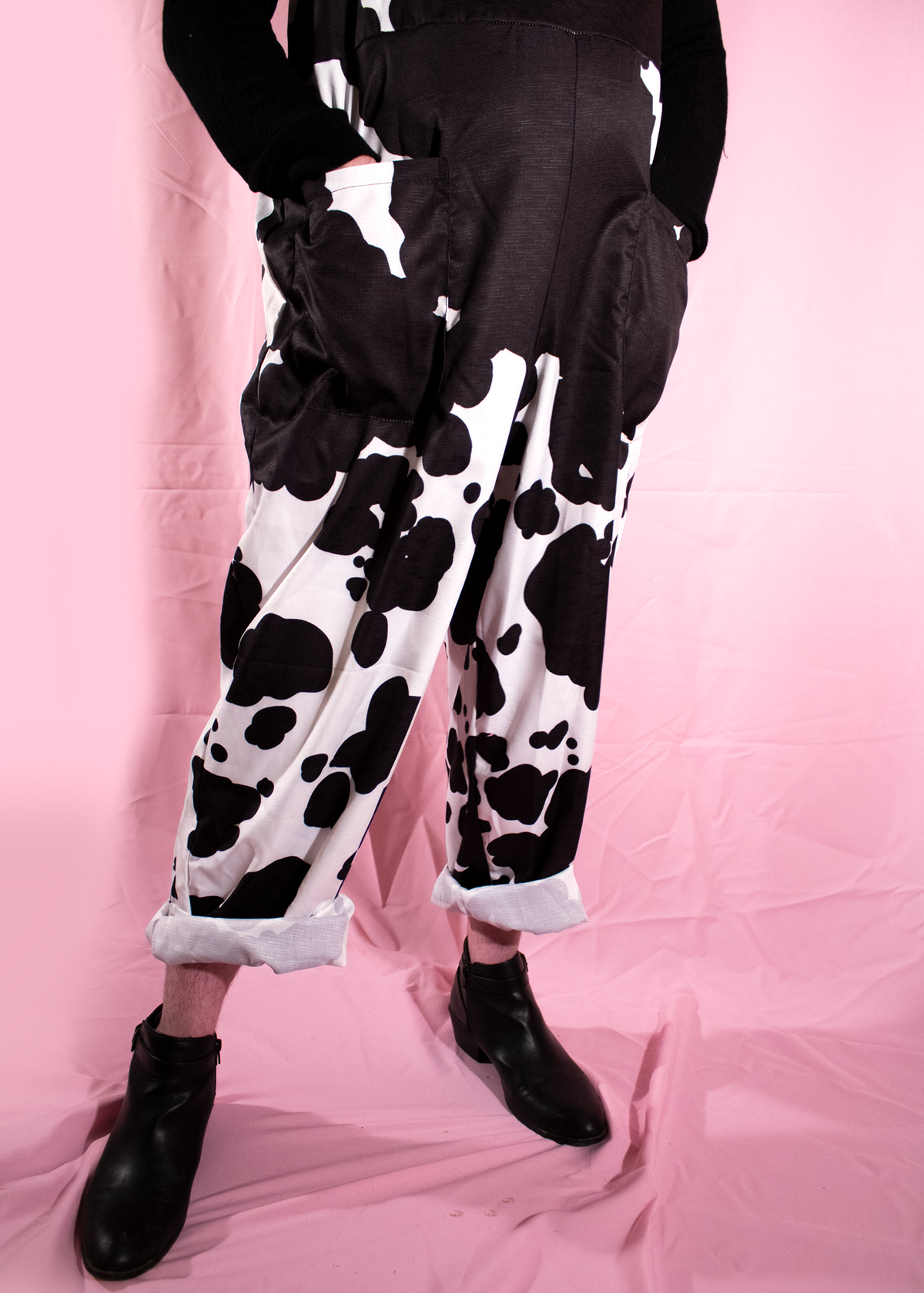 L Cow Print Dungarees in Classic Black &amp; White