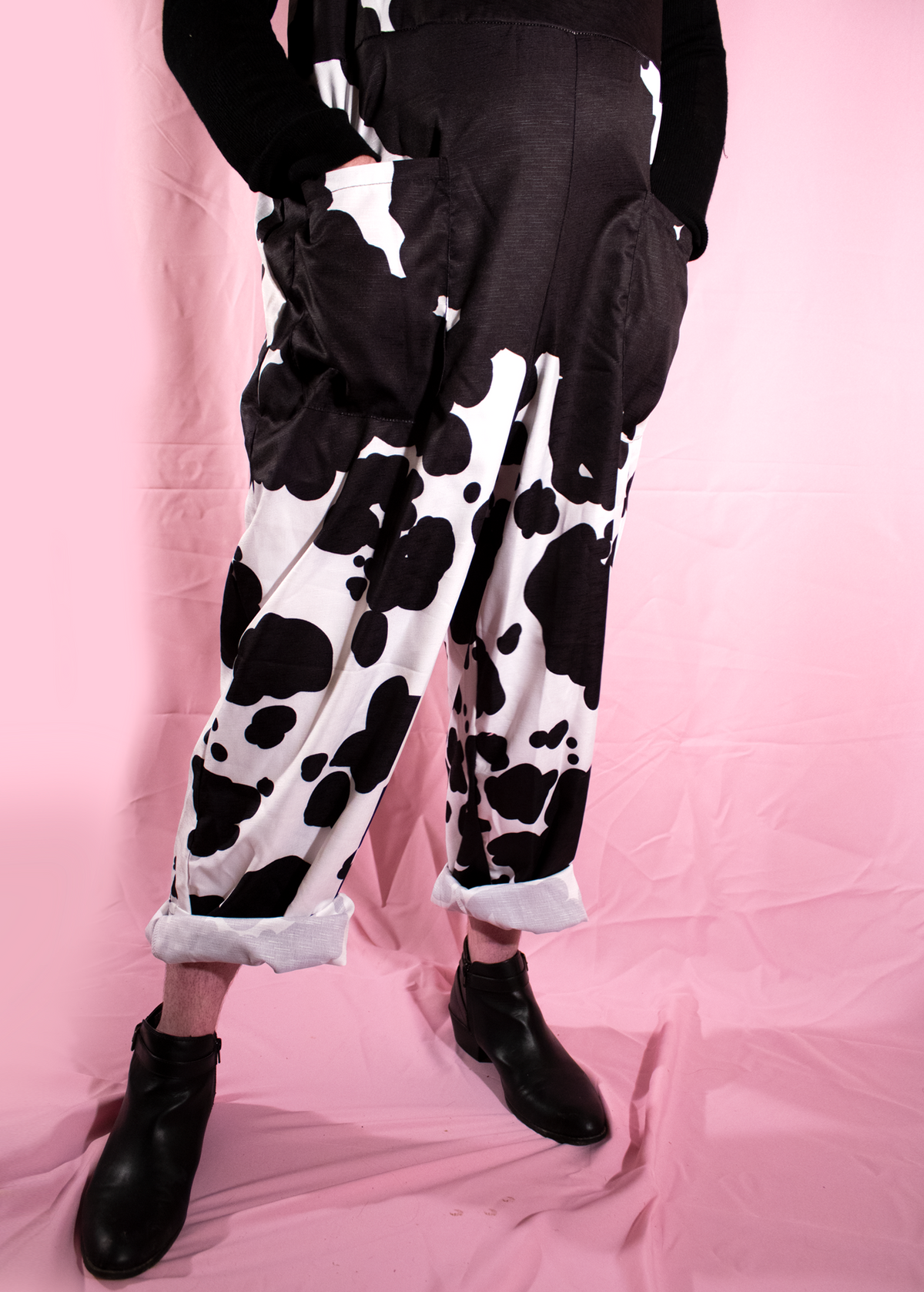 L Cow Print Dungarees in Pink