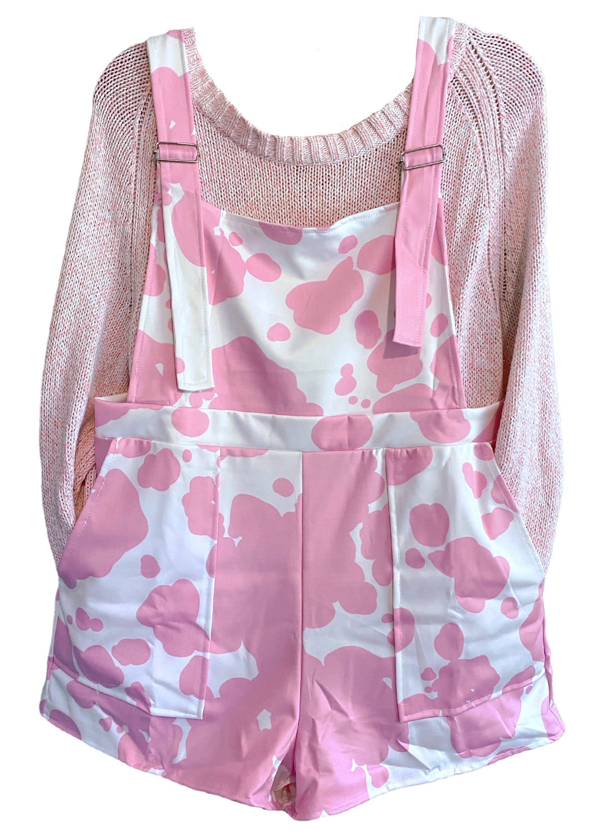 L Pink Cow Print Overall Shorts